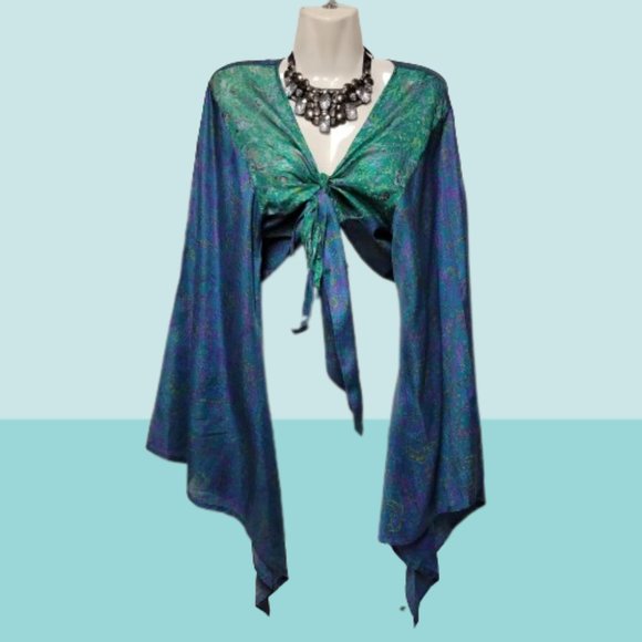 SILK Bolero Top Crop Top Coverup Silk Blazer Short Jacket Butterfly Sleeve Top L - Picture 5 of 10